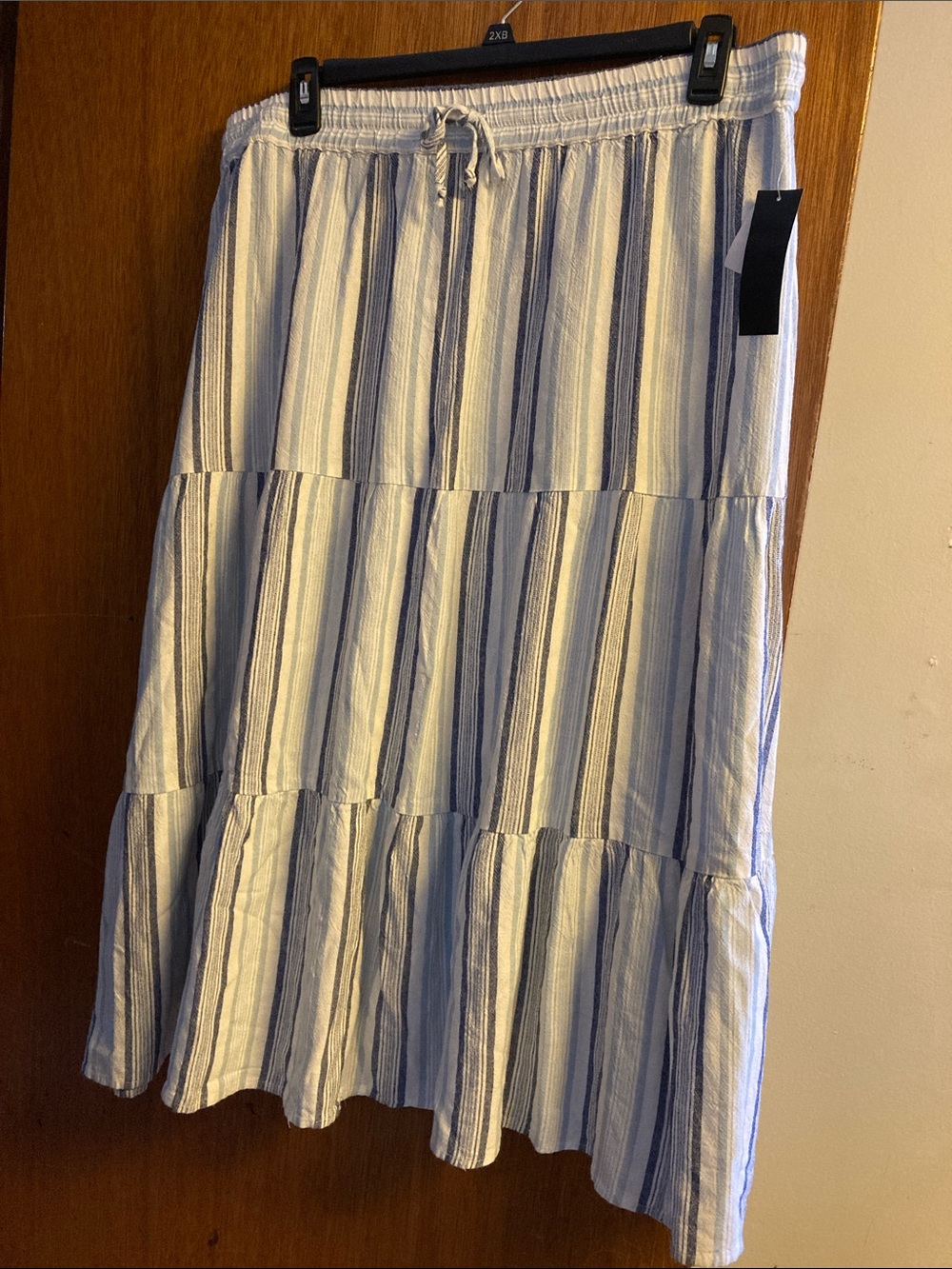 Women's Blue and White Striped Tiered Maxi Skirt